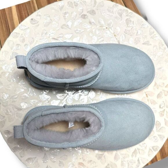 UGG Classic Ultra Mini Boots Sea Foam Suede Sheepskin Shearling Fur Lined Size 6 - Picture 8 of 11